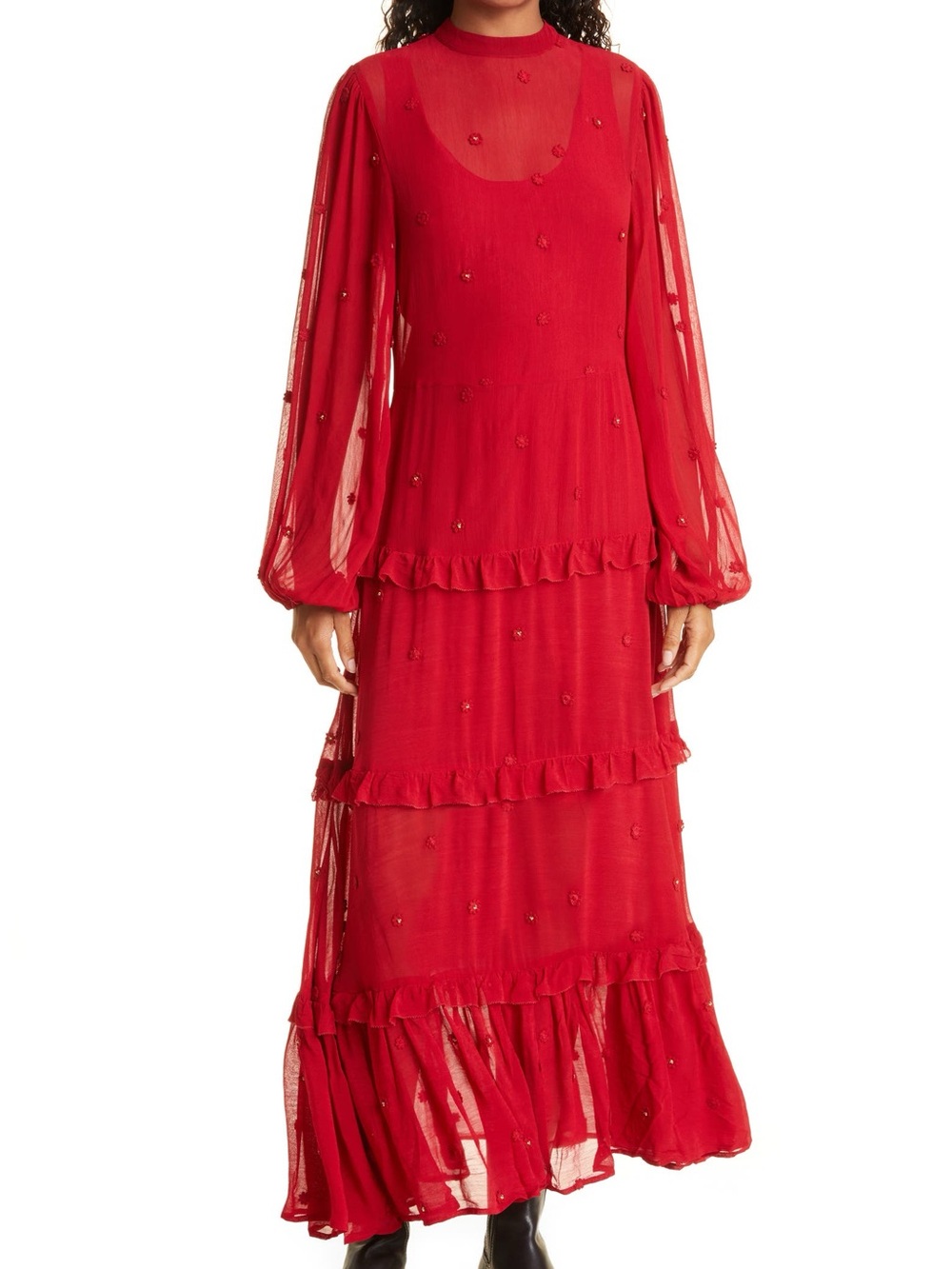 Red Ruffle Long Sleeve Maxi Dress